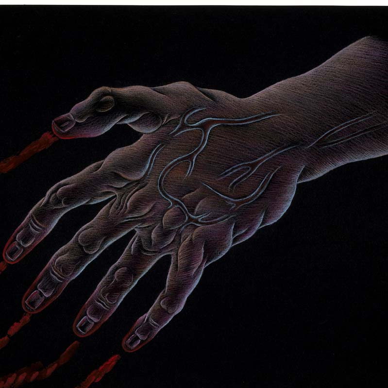 Drawing in pink, white, and red on black of a hand with exposed blood vessels trailing blood from its fingers