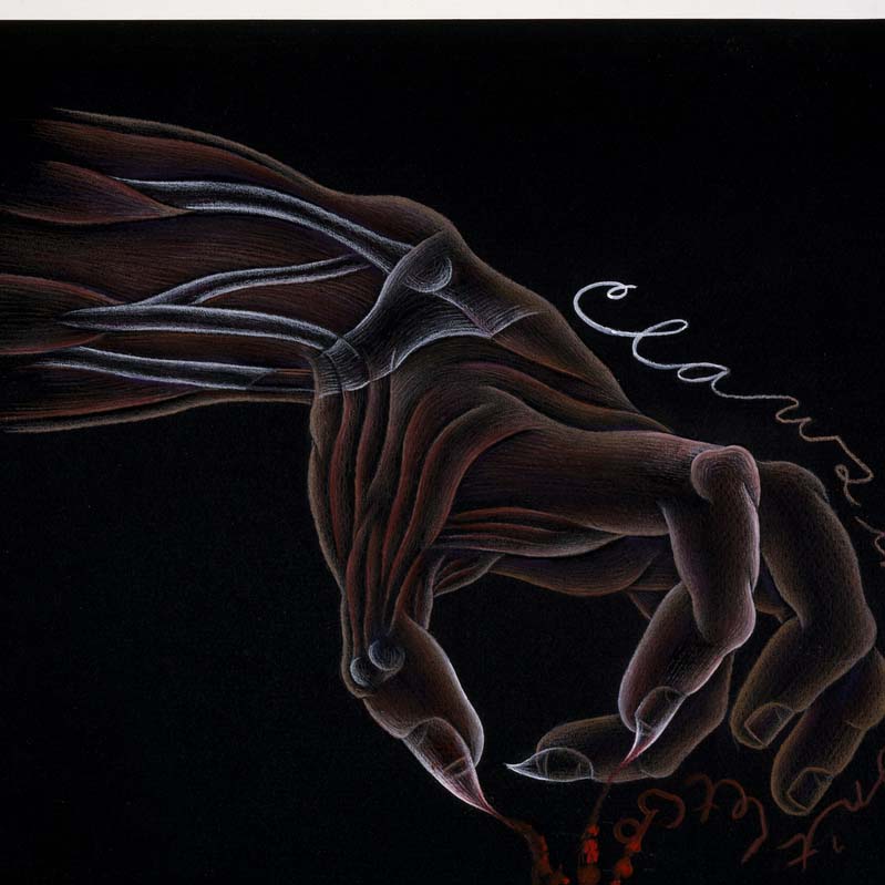 Drawing in shades of red and white on black of a grasping hand with exposed musculature and long nails dripping blood