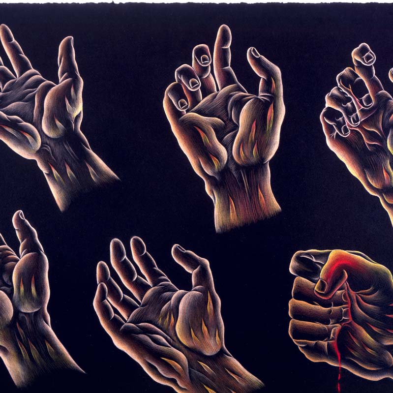 Drawing in multiple colors on black of six hands in various poses with flames on their wrists and palms