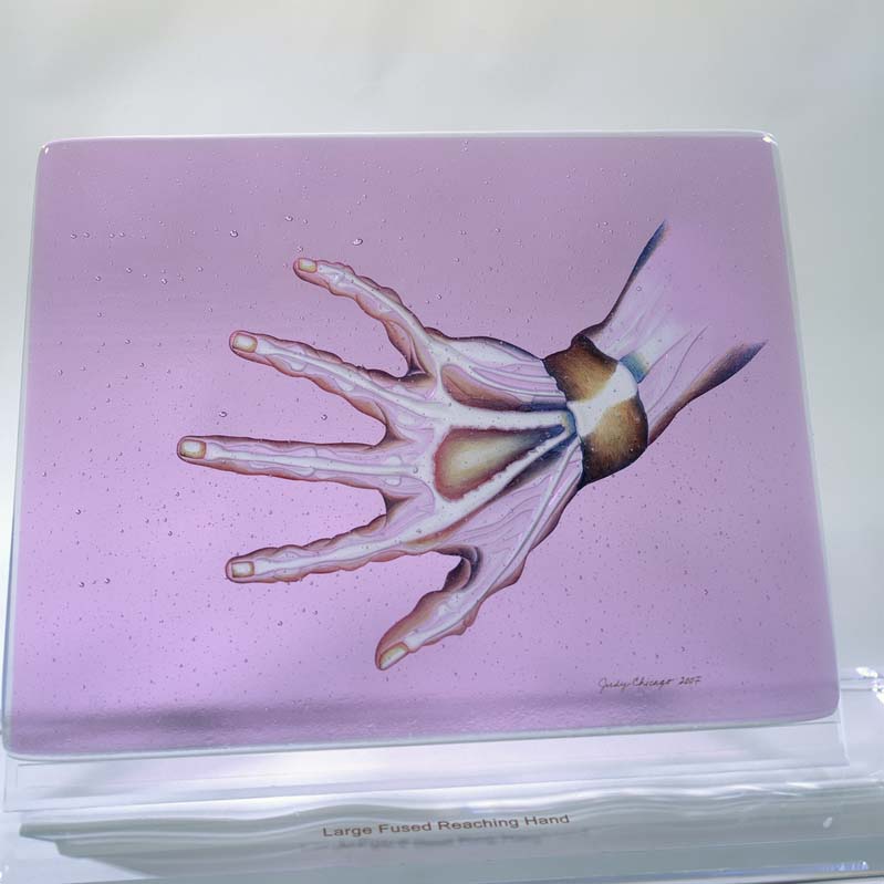 Sculpture of an outstretched hand painted in brown, blue, and white with exposed bones and musculature on a translucent pink rectangle on a clear plinth