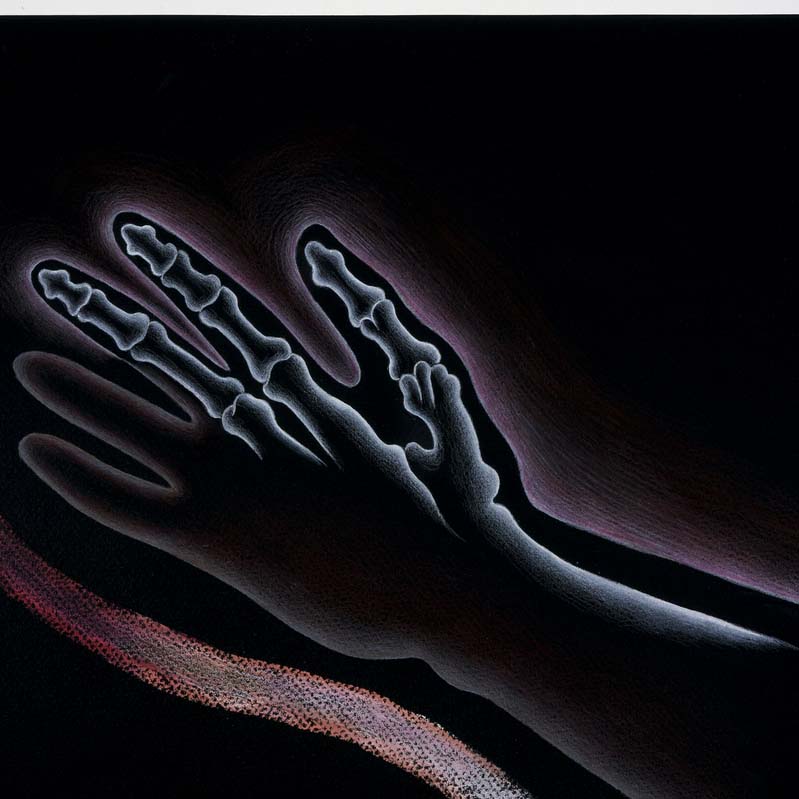 Drawing in white and pink on black of an outstretched hand with exposed bones