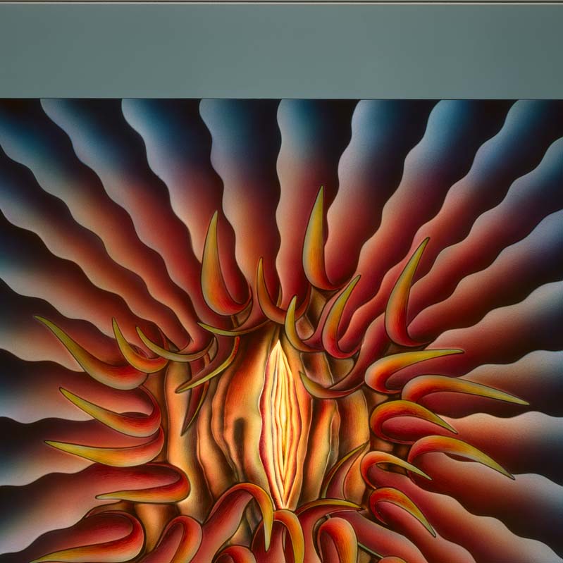 Painting of a vulva-like shape in shades of orange, yellow, and red, surrounded by peeling, radiating petals in shades of red and blue
