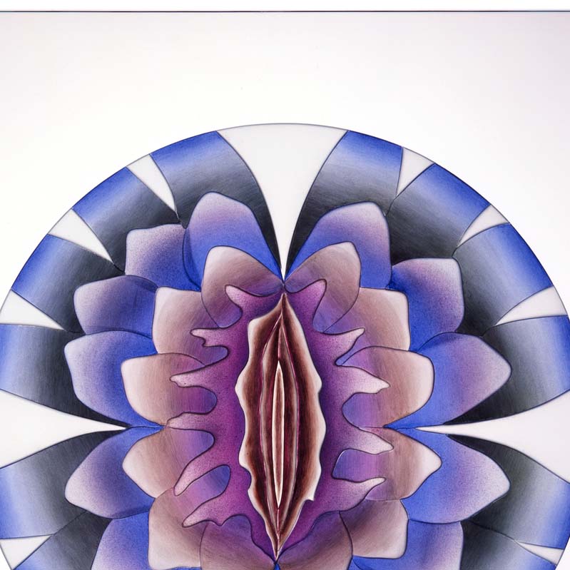 Painting of a purple and blue flower that resembles a vulva inscribed in a circle