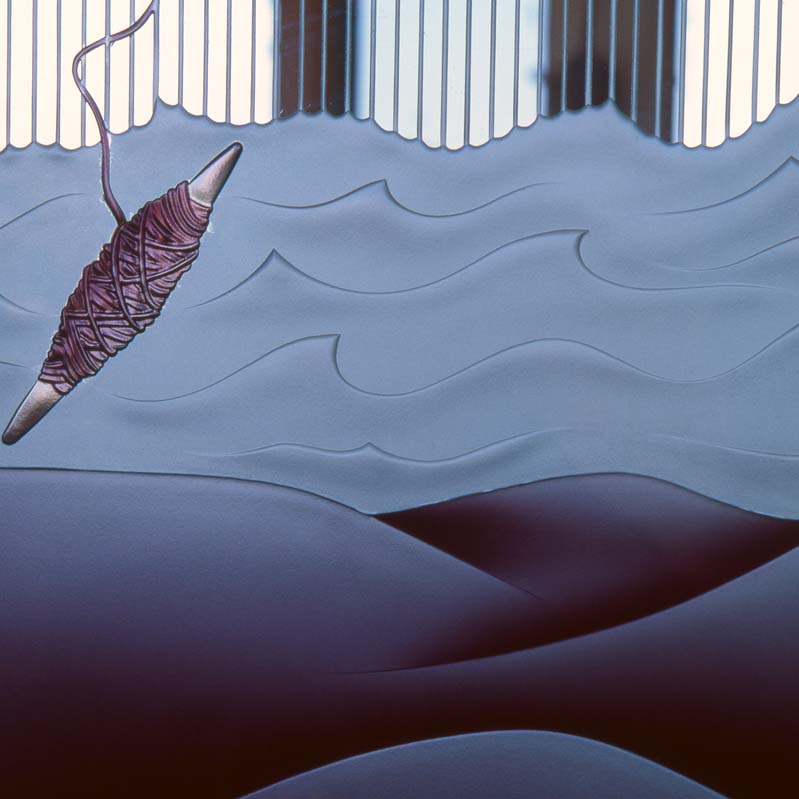 Detail of illustration of a purple spindle over white waves and purple hills on a clear surface with windows visible behind
