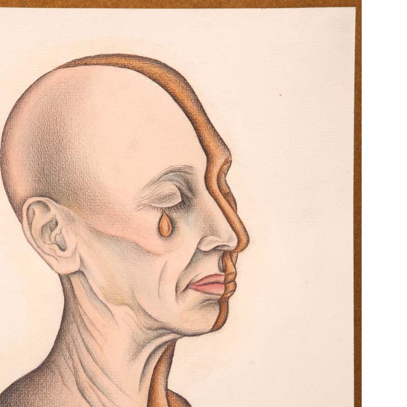 Drawing in pink and beige of a bald head crying, divided in half vertically where one side is darker than the other