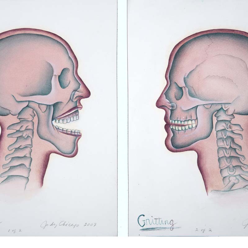 Two pink, black, and red paintings of skulls in profile where one skull has its mouth open