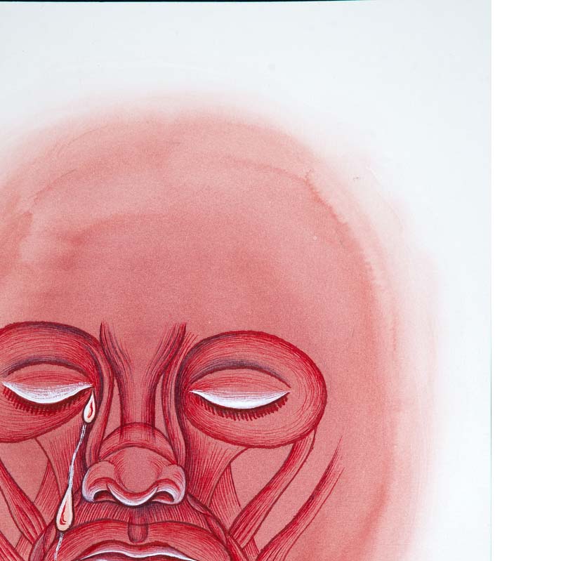 Painting in shades of red of a crying face with exposed musculature