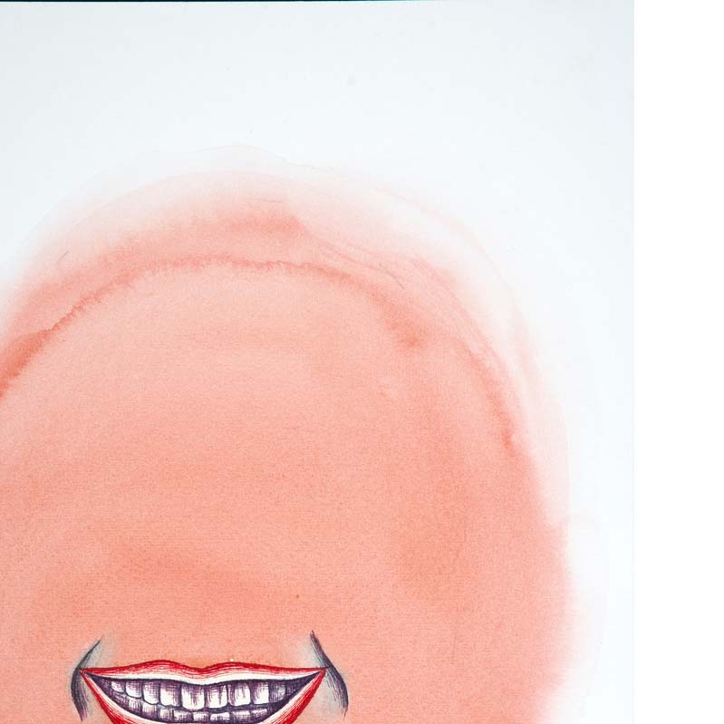 Painting in shades of pink and red of a smiling mouth in a pink oval
