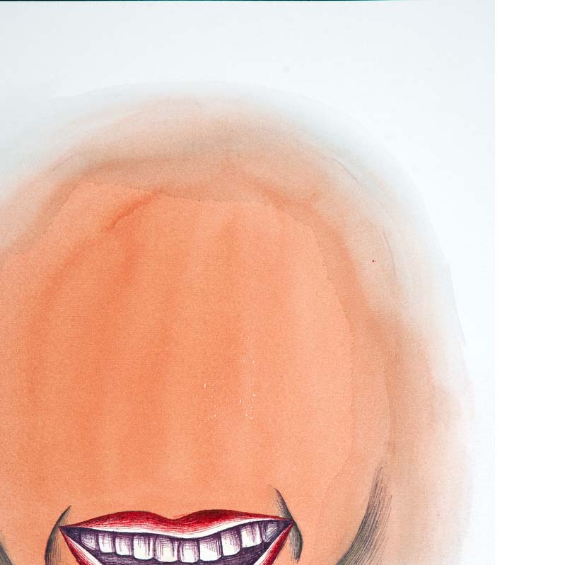 Painting in shades of orange and red of a smiling mouth in an orange oval