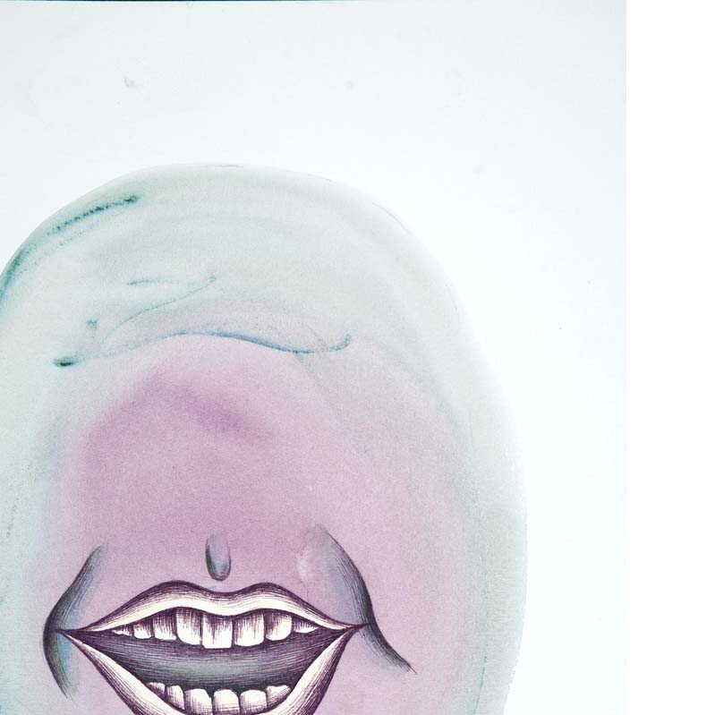 Painting in shades of light purple and turquoise of a smiling mouth in a light purple oval