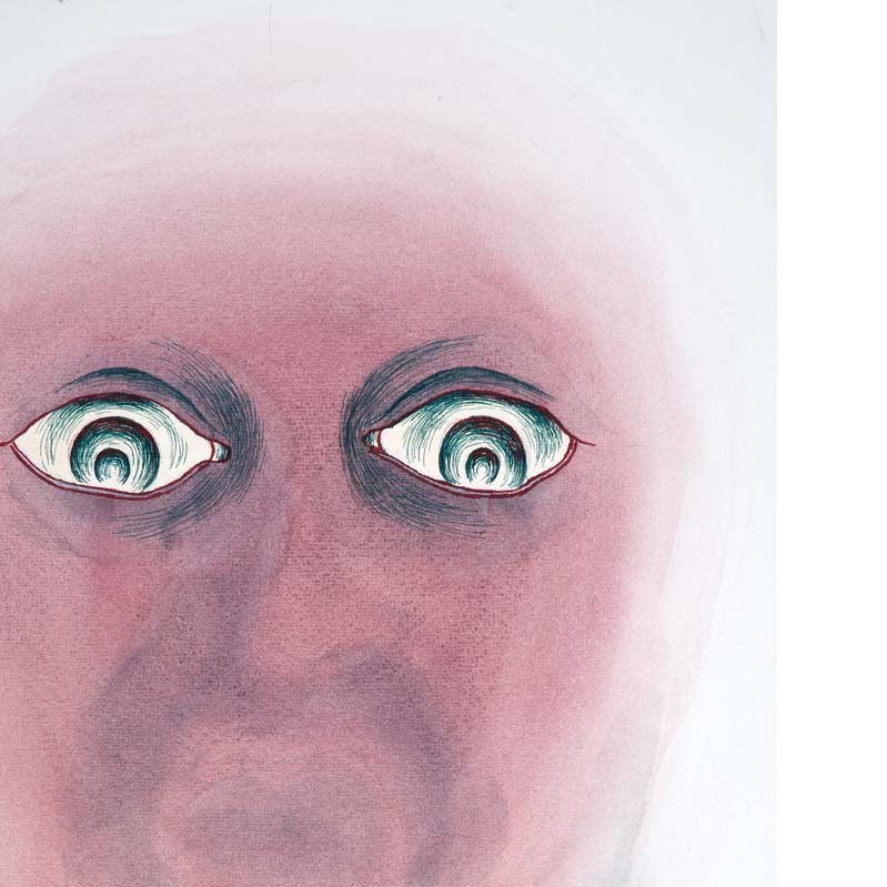 Painting in shades of pink, red, and green of a face with large, staring eyes