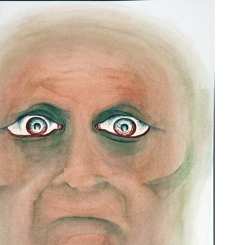 Painting in shades of pink, red, and green of a face with large, staring eyes