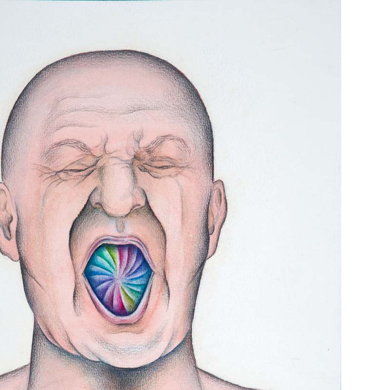 Drawing in shades of pink, black, and rainbow colors of a bald man's face with eyes closed an a rainbow swirl inside his open mouth