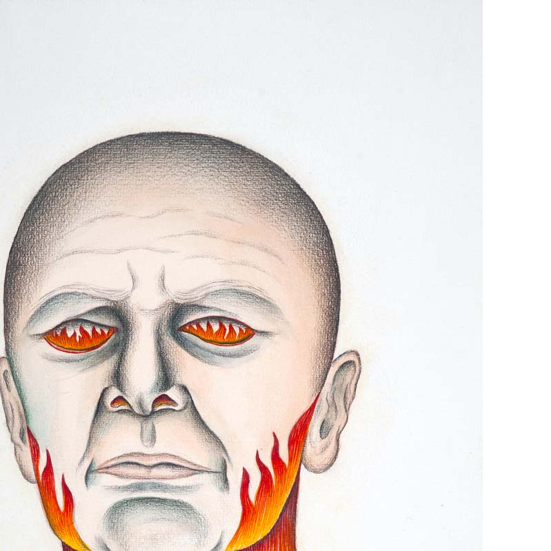 Drawing in shades of pink, black, yellow, and red of a bald face with flame details on the eyes, jaw, and neck