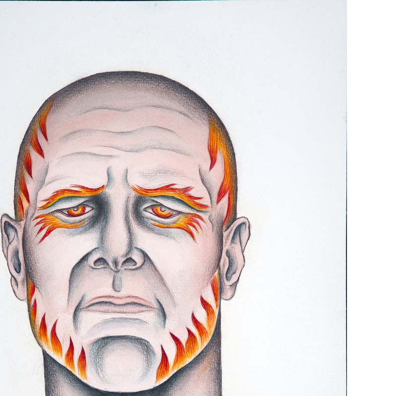 Drawing in shades of pink, black, yellow, and red of a man's face with flame details around his eyes, jaw, and bald head
