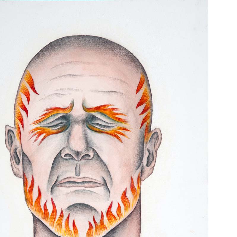 Drawing in shades of pink, black, yellow, and red of a man's face with eyes closed and flame details around the eyes, bald head, and jaw