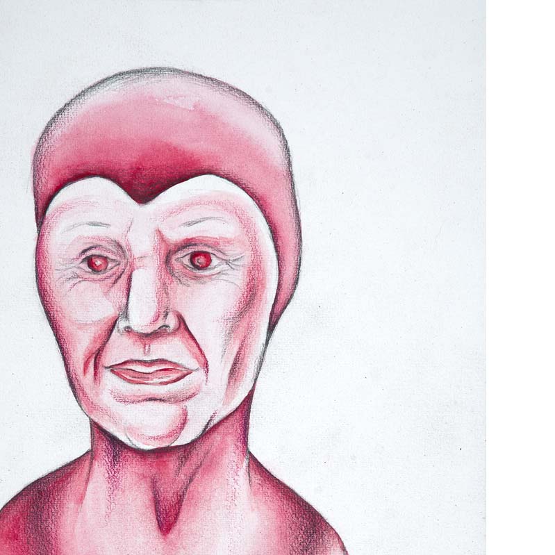 Drawing in shades of pink and black of a bust with a wrinkled face wearing a bald cap
