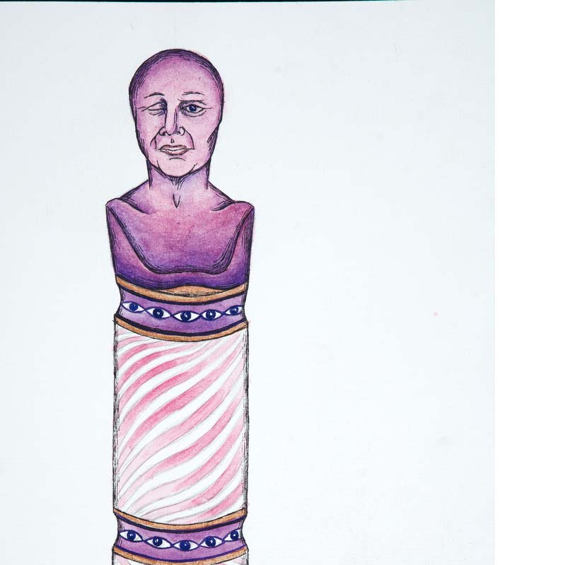 Drawing in shades of purple, pink, and gold of a bust with a bald head atop a column decorated with swirls and eyes
