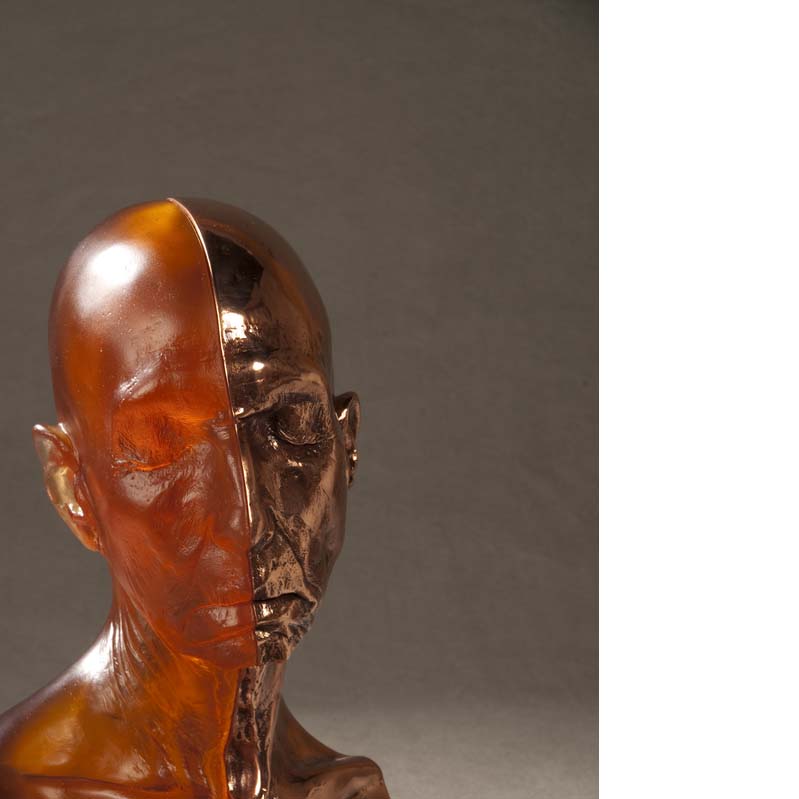 Sculpture of a bald head divided vertically in half where one half is translucent orange and the other is shiny dark orange