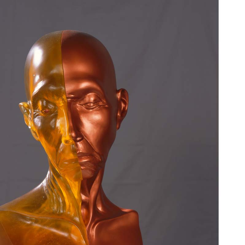 Sculpture of a bald head divided vertically in half on a clear plinth where one half is translucent orange and the other is shiny dark orange