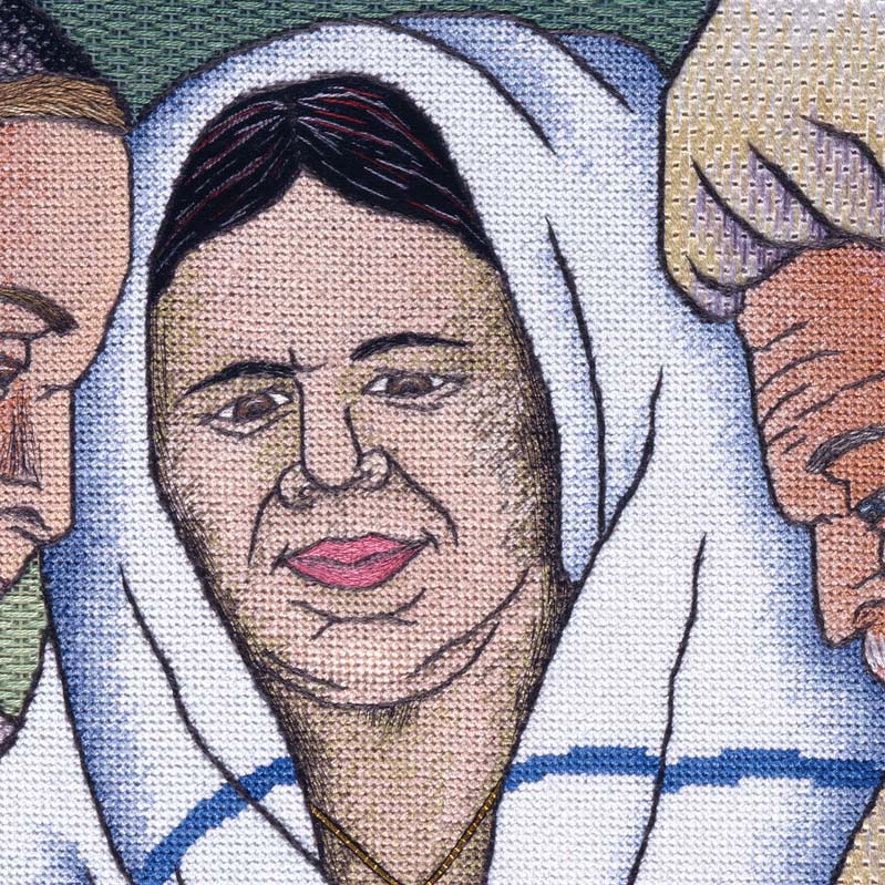 Color illustration of the faces of three light-skinned figures wearing religious clothing from three different traditions