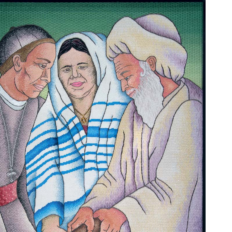 Color illustration of three light-skinned, kneeling figures holding a hatchet and wearing religious clothing from three different traditions