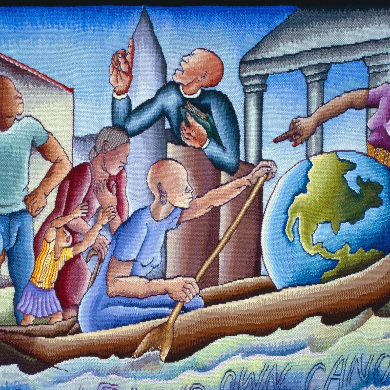 Color illustration of a brown-skinned woman paddling a canoe with a globe in it as other people look on