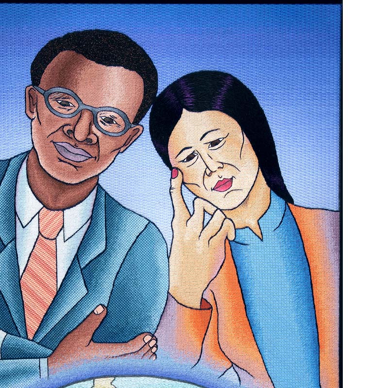 Color illustration of a brown-skinned man and a light-skinned woman leaning their heads together behind a globe