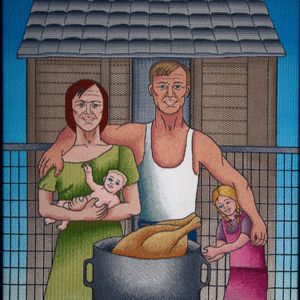 Drawing of a woman, a man, and two children standing in front of a wooden building with a chicken in a pot in front of them