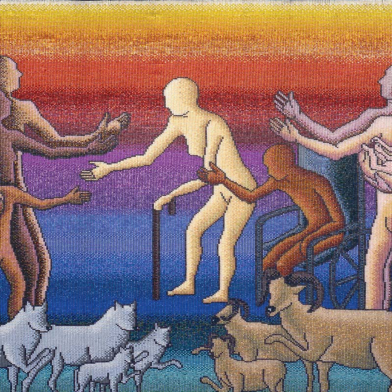 Color illustration of two groups of figures with different skin colors reaching toward each other above two groups of wolves and sheep reaching toward each other