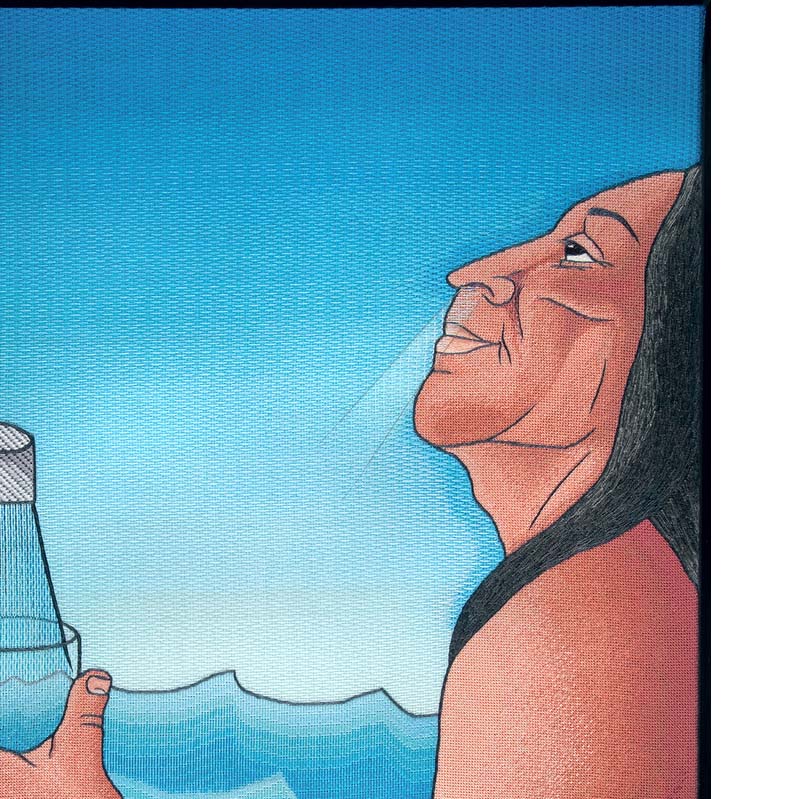 Color illustration of a shirtless, brown-skinned man filling a glass with water from a faucet with water waves in the background
