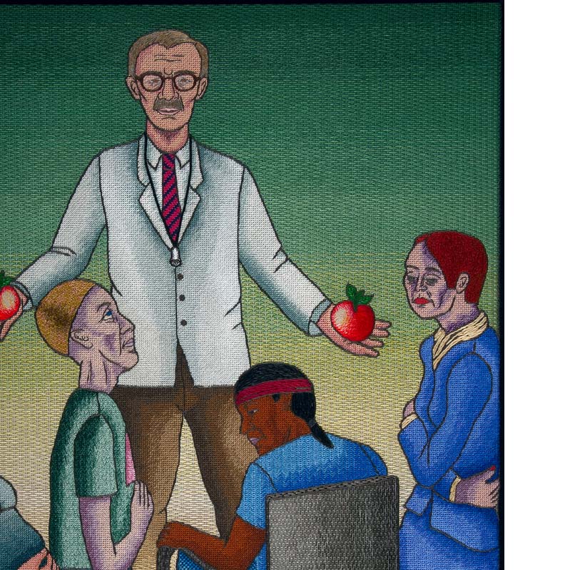 Color illustration of a light-skinned man holding out two apples to four people: a pregnant woman, a person wearing a headwrap, a person sitting in a wheelchair, and a woman holding her stomach
