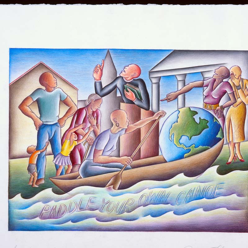 Color illustration of a brown-skinned woman paddling a canoe with a globe in it as other people look on