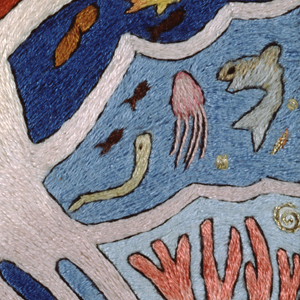 Close up of embroidery of aquatic animals