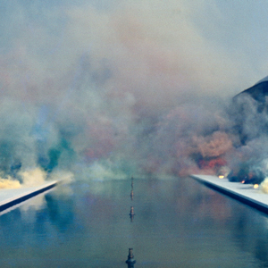 Pyrotechnic installation around a reflecting pool at the Pasadena Art Museum