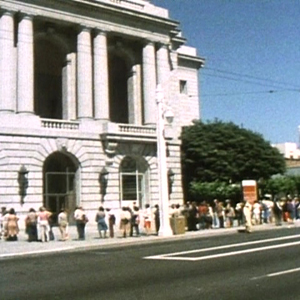 People in line on the street outside the San Francisco Museum of Modern Art
