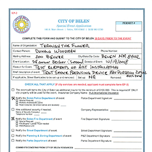 Handwritten and printed permit from the City of Belin