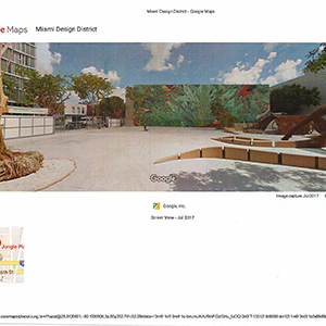 Color printout includes a photograph of a plaza with a large mural of tropical vegetation at the back and a small square with part of a Google map at the bottom