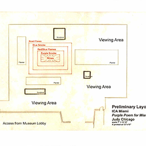 Floor plan of a rectangular sculpture garden annotated with locations of smoke elements, sculptures and viewing areas