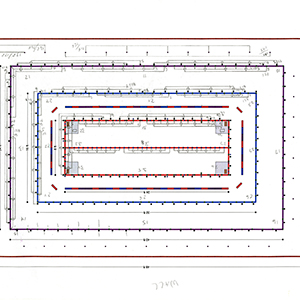 Technical drawing from above of a rectangular structure made of concentric rectangles noting the location of strobes