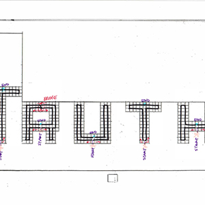 Diagram of the word truth composed of squares and annotated with handwritten text