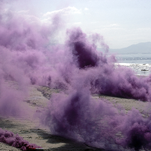 Color photograph of plumes of purple smoke rising from a beach