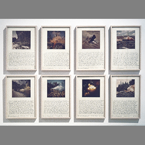 Color photograph of eight framed prints with handwritten text hanging on a white wall in a grid with two rows