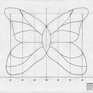 Black-and-white drawing of an outline of a butterfly superimposed on a football field