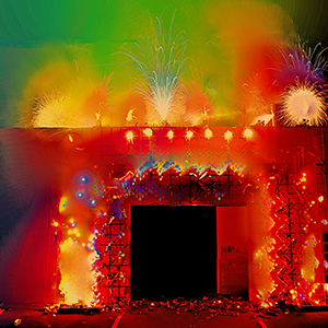 Color photograph of multicolored fireworks on the facade of a building