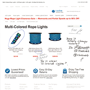 Printout of a webpage about multi colored rope lights annotated with handwritten text