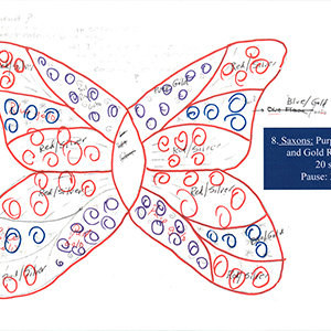 Drawing of a red butterfly outline filled with red, blue, and purple circles with handwritten annotations in black and annotations in white text in a blue box on the right