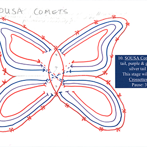 Drawing of a red butterfly outline filled with red, blue, and purple interior lines with handwritten annotations in black and annotations in white text in a blue box on the right