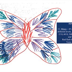 Drawing of a red butterfly outline filled with red, blue, green, and purple scribbles with handwritten annotations in black and annotations in white text in a blue box on the right