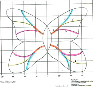 Drawing of a black butterfly outline on a grid with multicolored lines like veins on the wings and handwritten and typewritten annotations in black